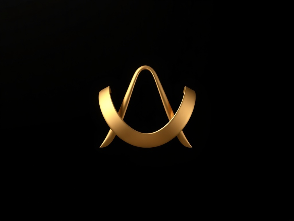 A stylized 'A' shape formed by two animated curves, resembling a ribbon or a path, rendered in smooth gold metal against a dark matte background, soft rim light, 8k, macro commercial photography.